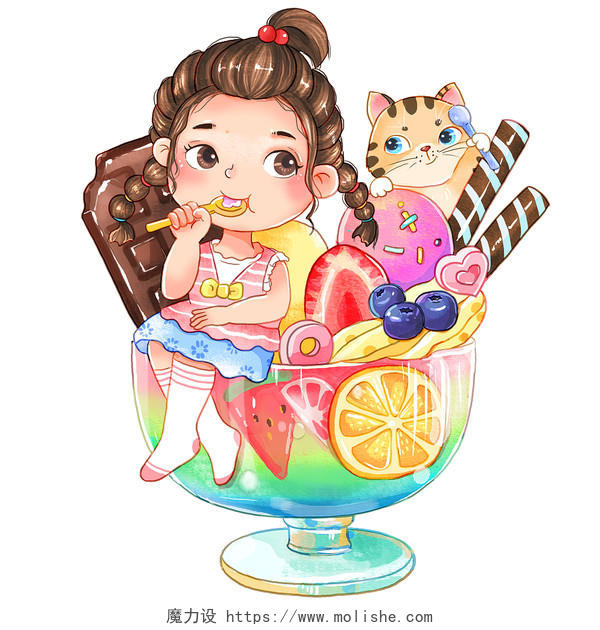夏天暑假假期吃冰淇淋卡通女孩插画